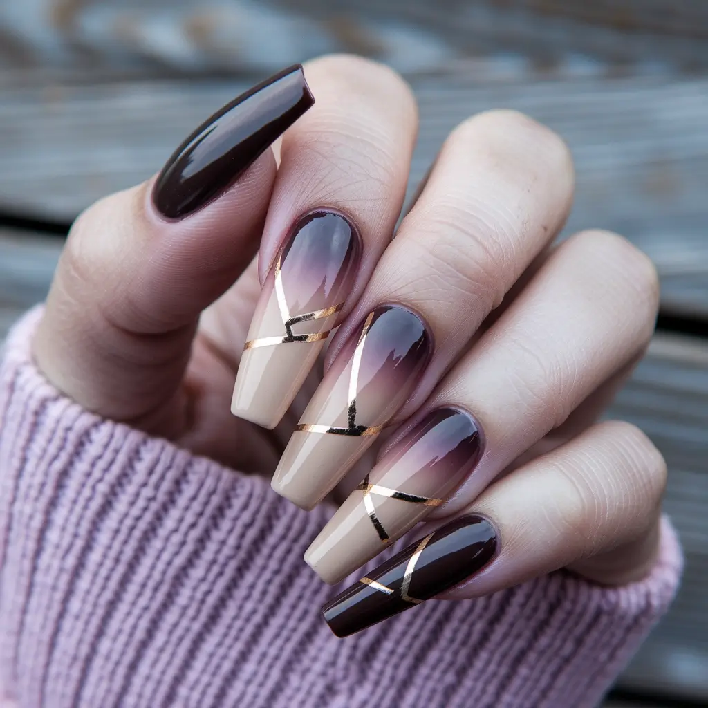 fall coffin nail ideas 2025 Rich Brown with Gold Accents