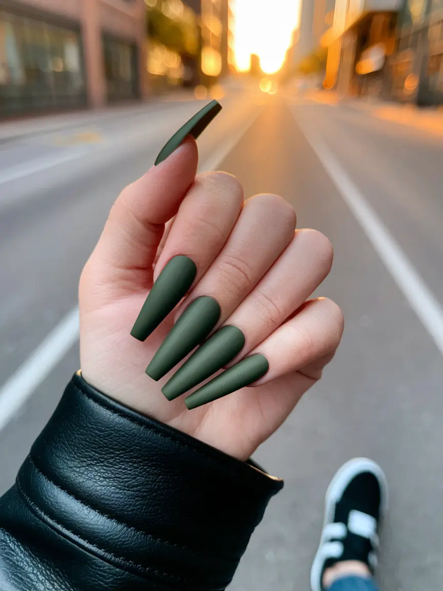 fall coffin nail ideas 2025 Deep Matte Green