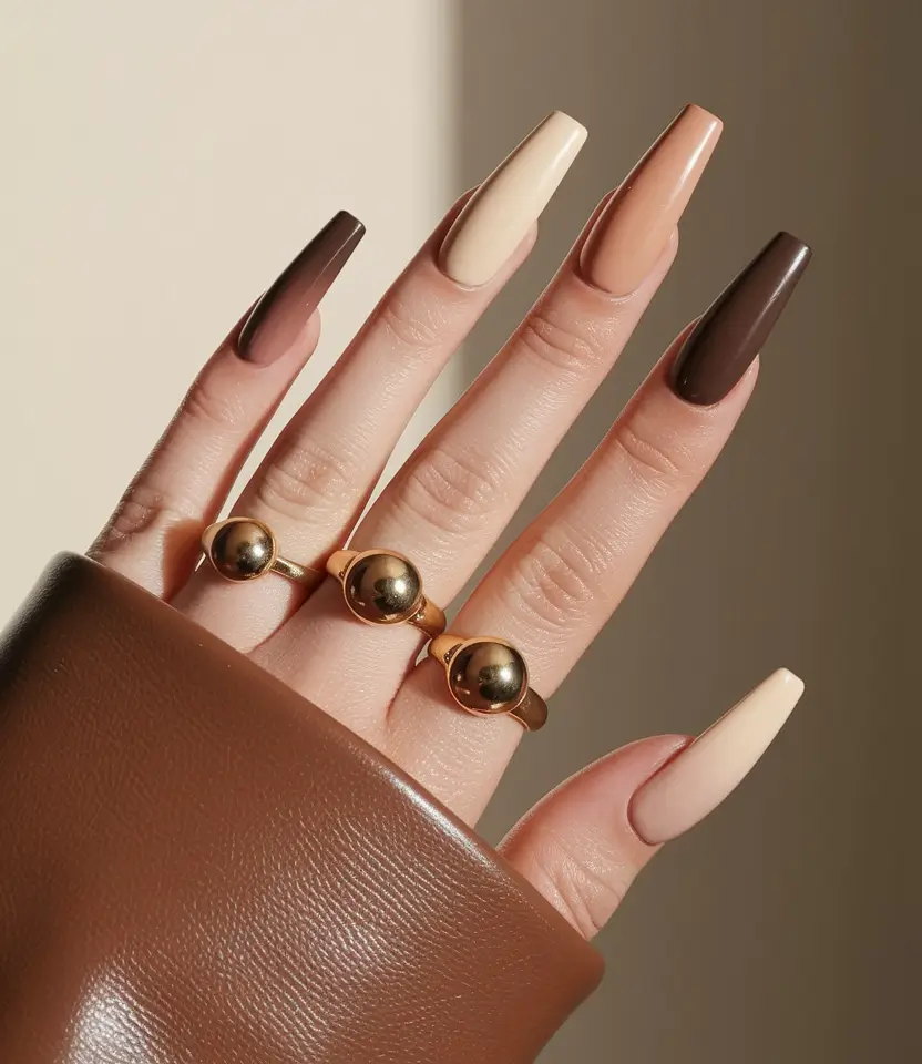 fall coffin nail ideas 2025 Neutral Gradient Browns