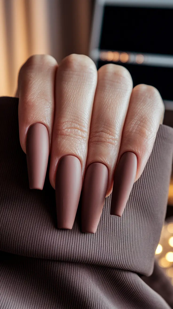 fall coffin nail ideas 2025 Velvet Matte Mocha