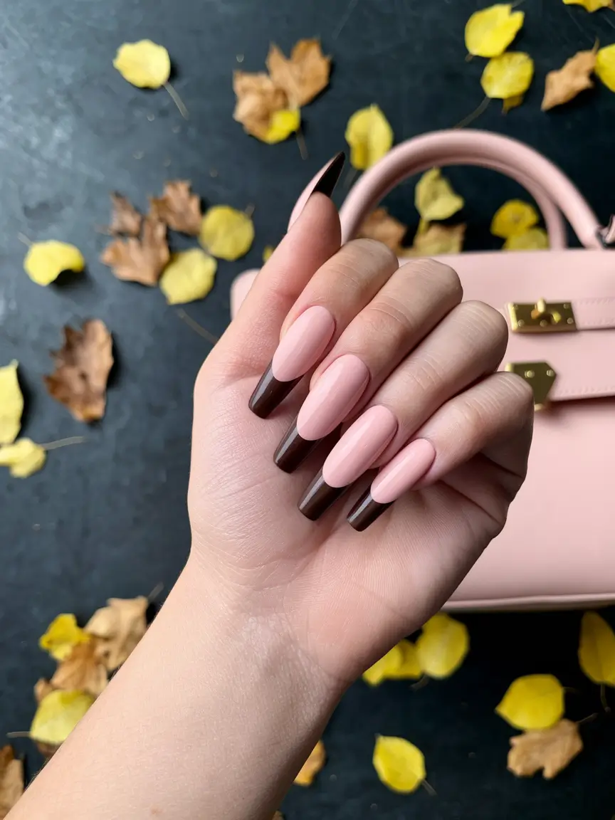 fall coffin nail ideas 2025 Mocha French Tips