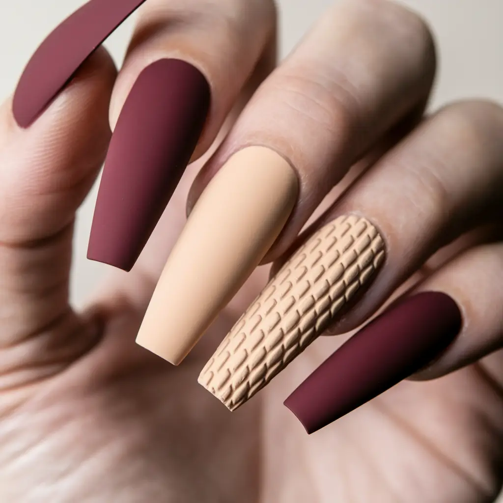 fall coffin nail ideas 2025 Textured Burgundy & Beige