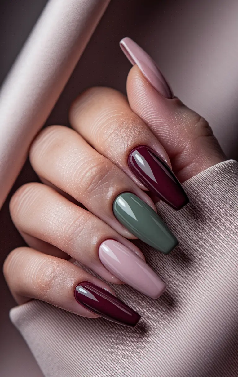 fall coffin nail ideas 2025 Muted Burgundy and Sage Mix