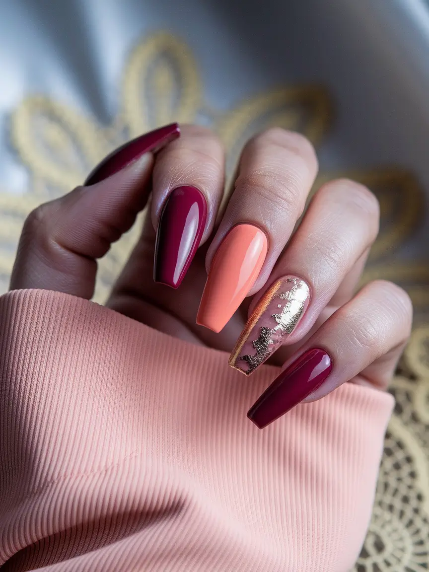 fall coffin nail ideas 2025 Burgundy & Peach with Gold Foil