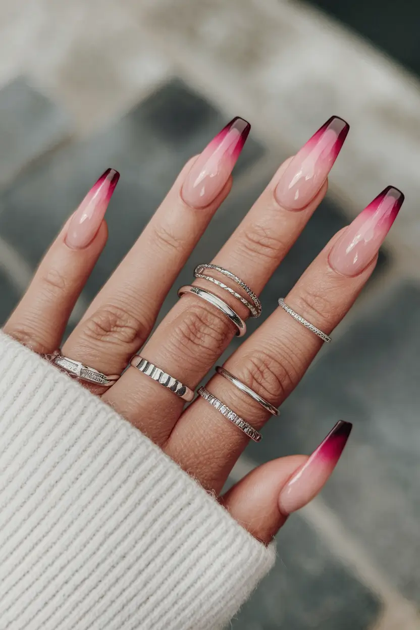 fall coffin nail ideas 2025 Berry Fade Ombre