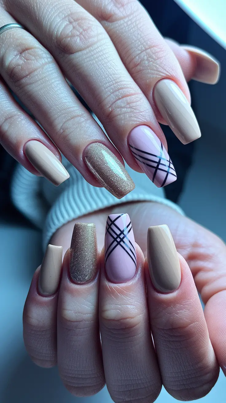 fall coffin nail ideas 2025 Golden Neutral Plaid