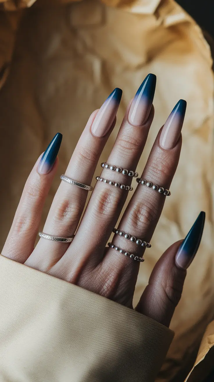 fall coffin nail ideas 2025 Midnight Blue Ombre