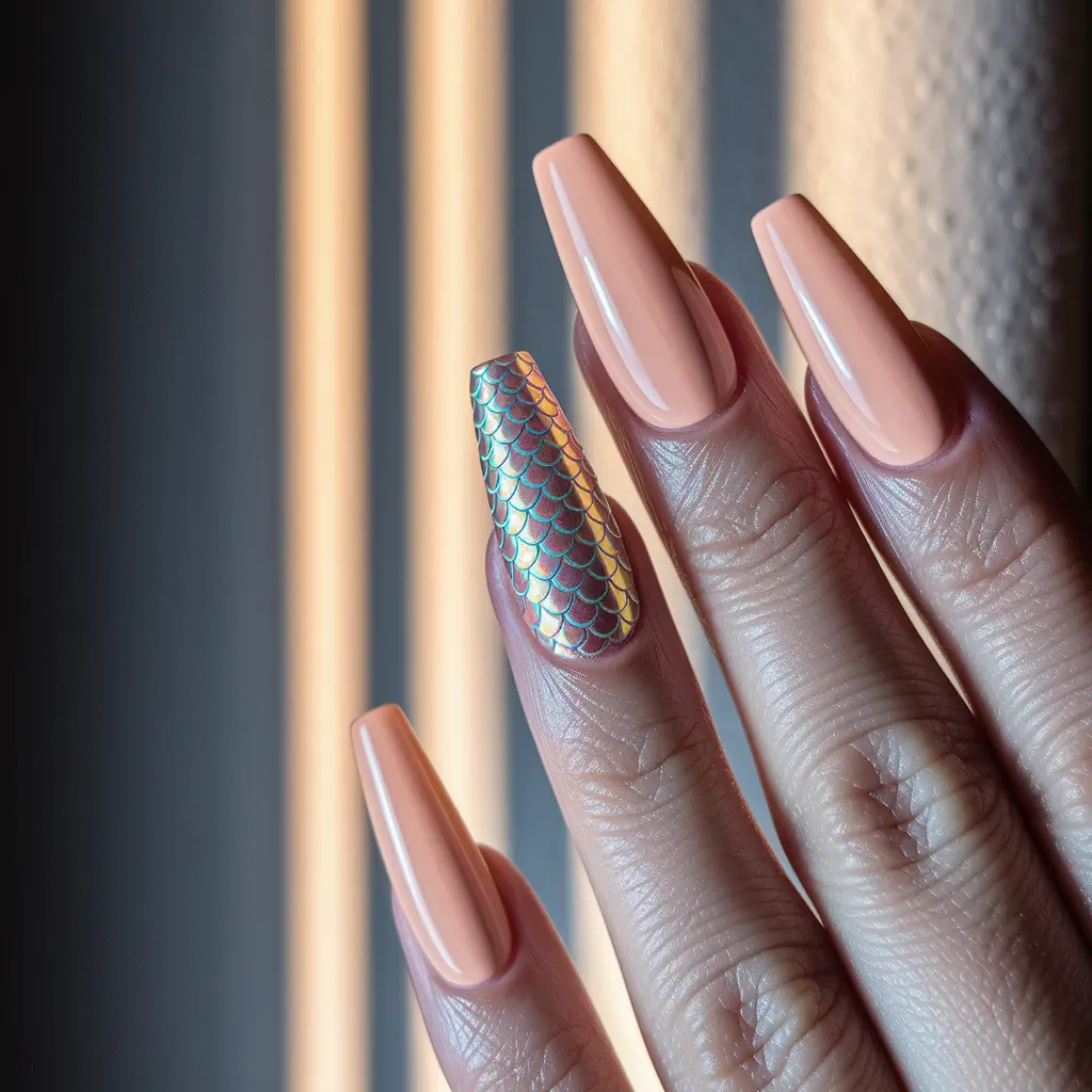 fall coffin nail ideas 2025 Peach with Holographic Accent