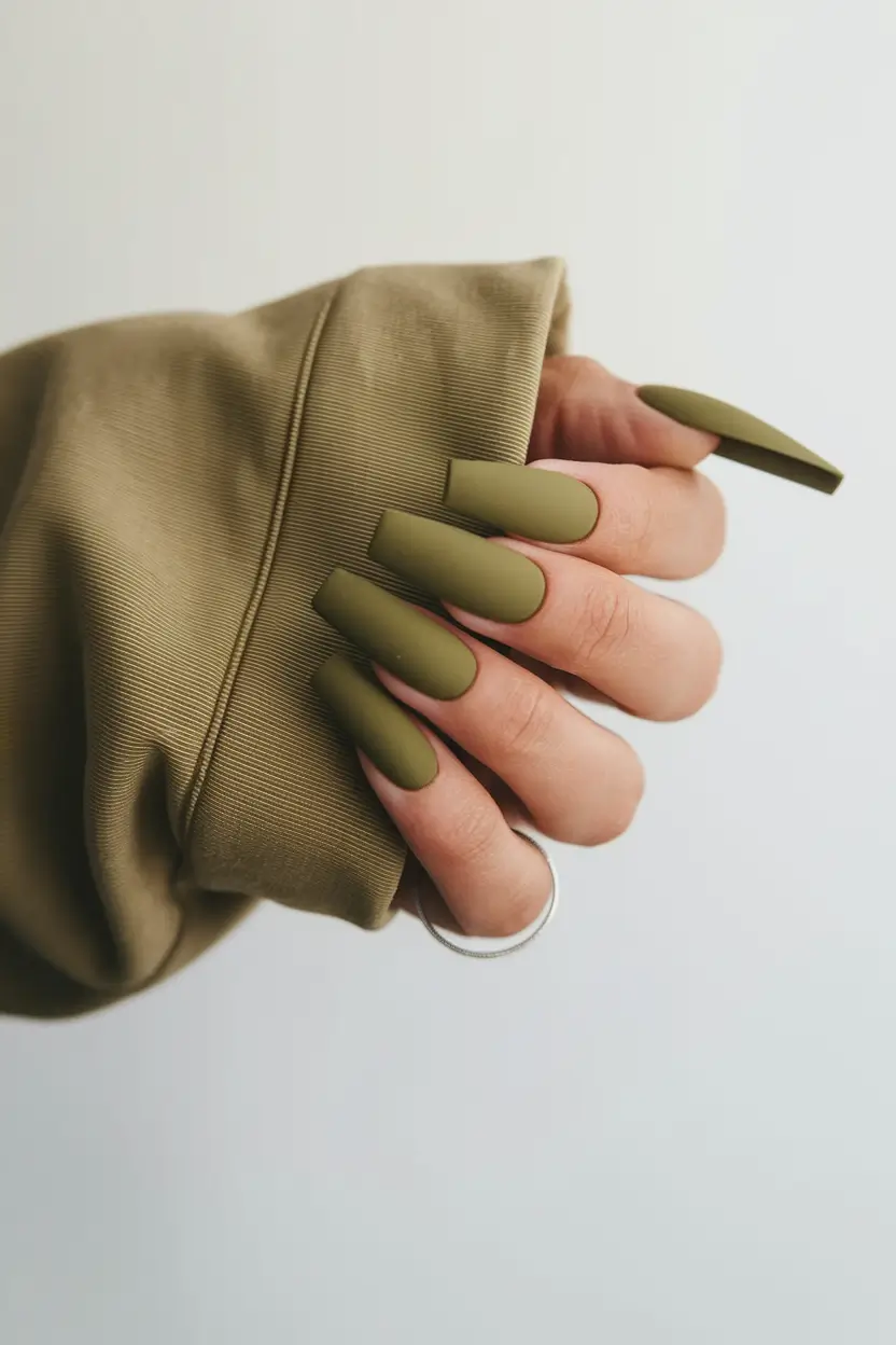 fall coffin nail ideas 2025 Matte Olive Green