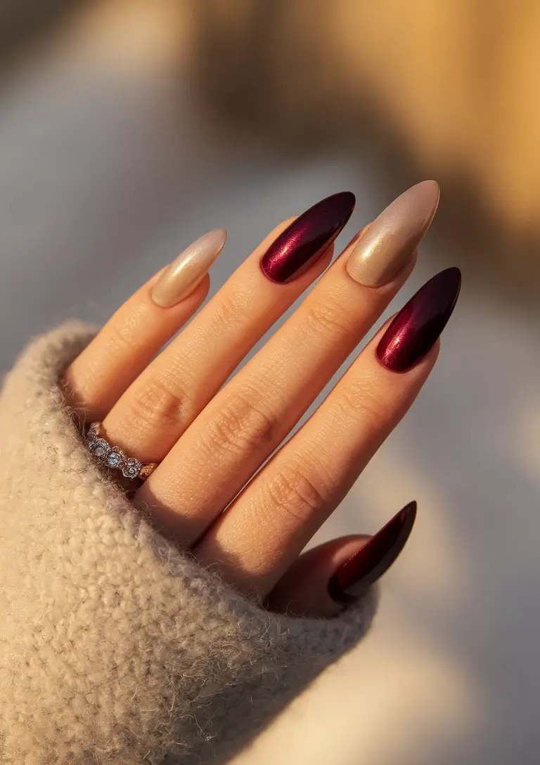 fall color nails autumn gel designs Burgundy Chrome Almond Elegance