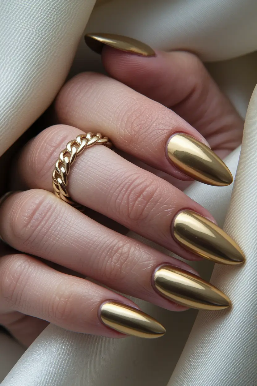 fall color nails 2025 Golden Chrome Elegance