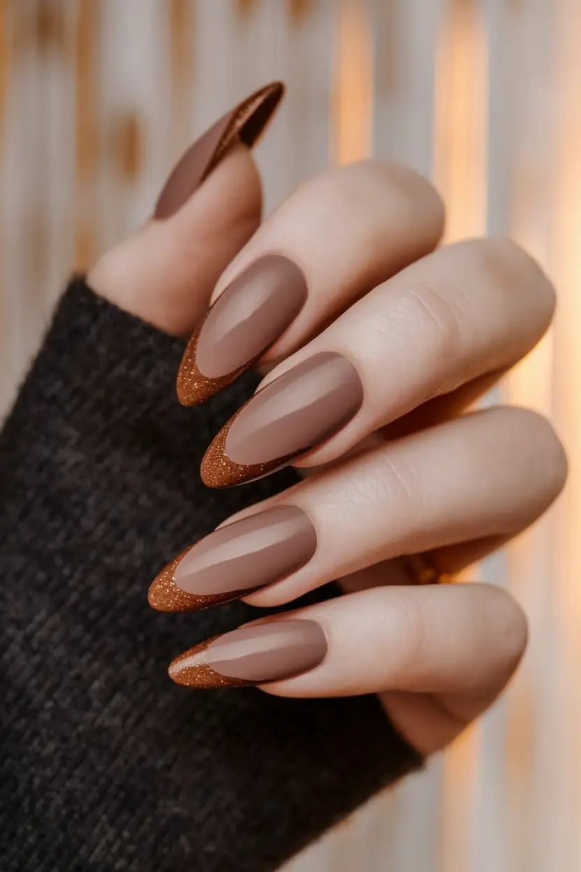 autumn gel designs Matte Mocha with Glittered Tips