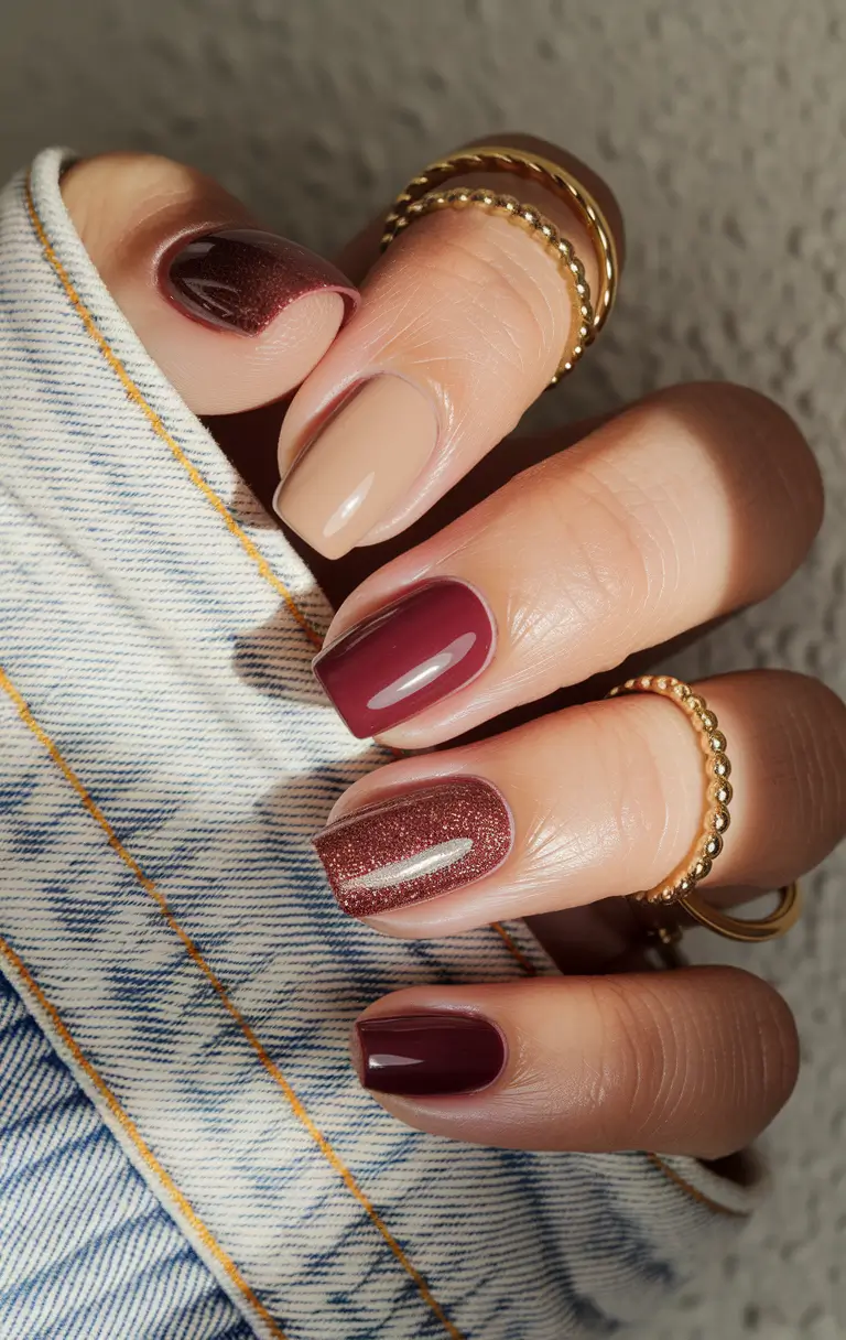 fall color nails gel Warm Neutral and Wine Mix