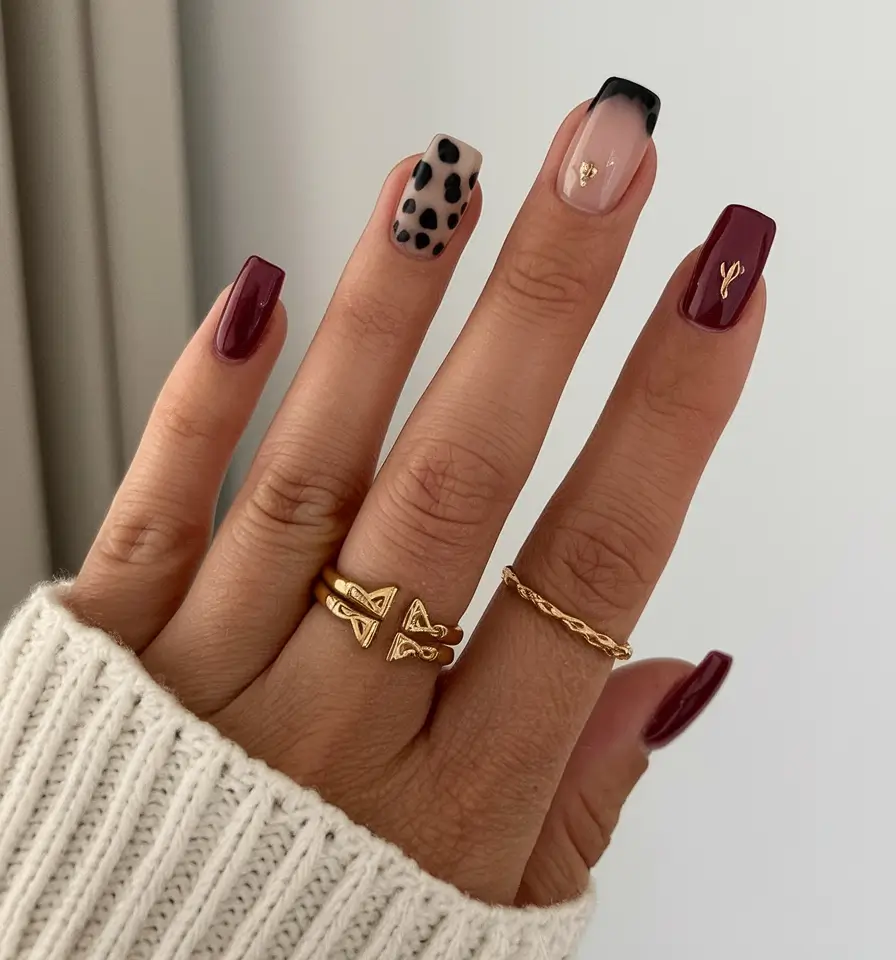 fall color nails autumn with glitter Playful Mix of Burgundy and Animal Print
