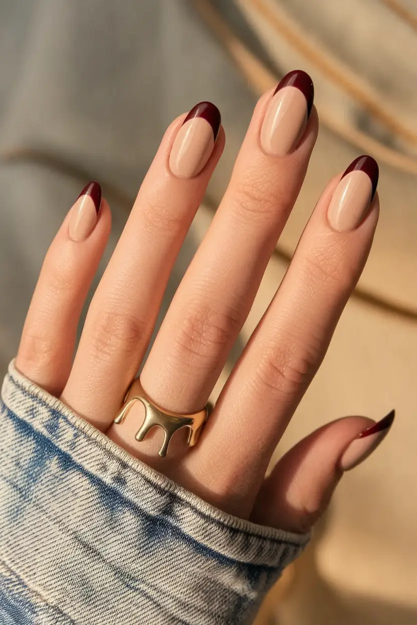 fall french tip nails Burgundy Elegance French