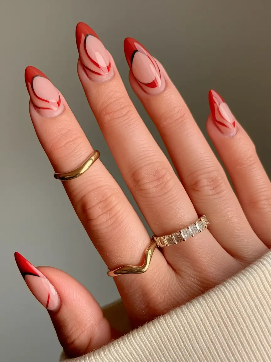 fall french tip nails Fiery Red Swirl French