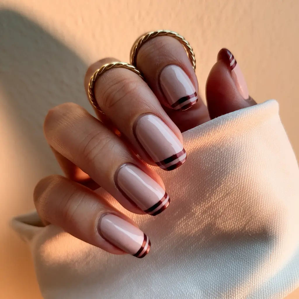 fall french tip nails Striped Burgundy Double-Tip