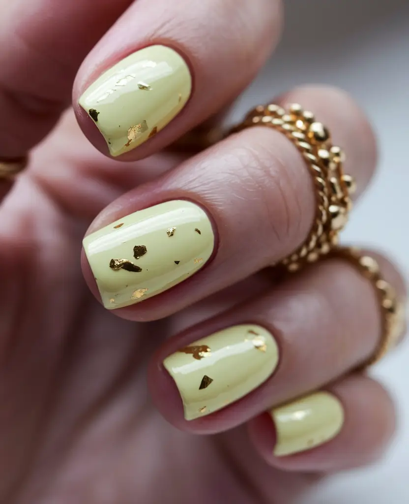 fall gel nails designs 2025 Pale Lemon with Gold Flakes