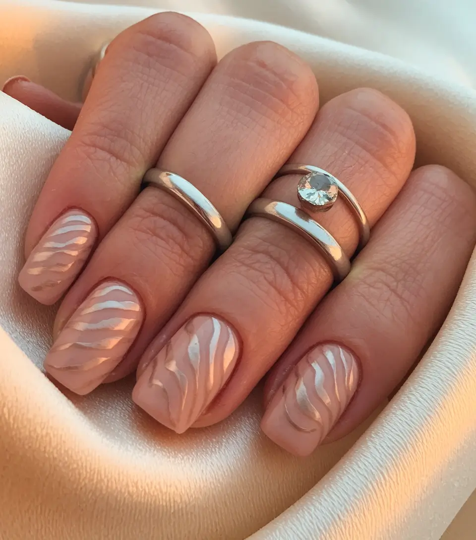 fall gel nails designs 2025 Glossy Nude with 3D Waves