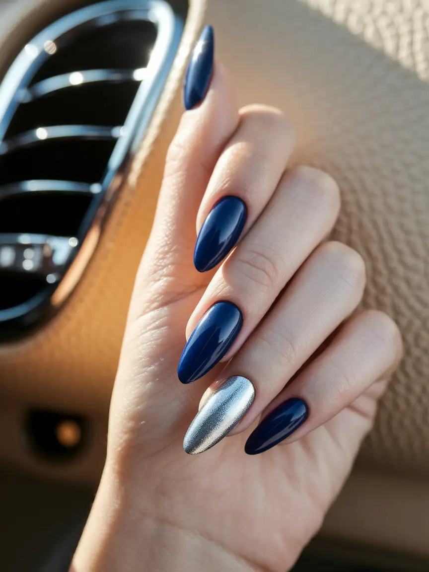fall gel nails designs 2025 Navy Luxe with Silver Accent