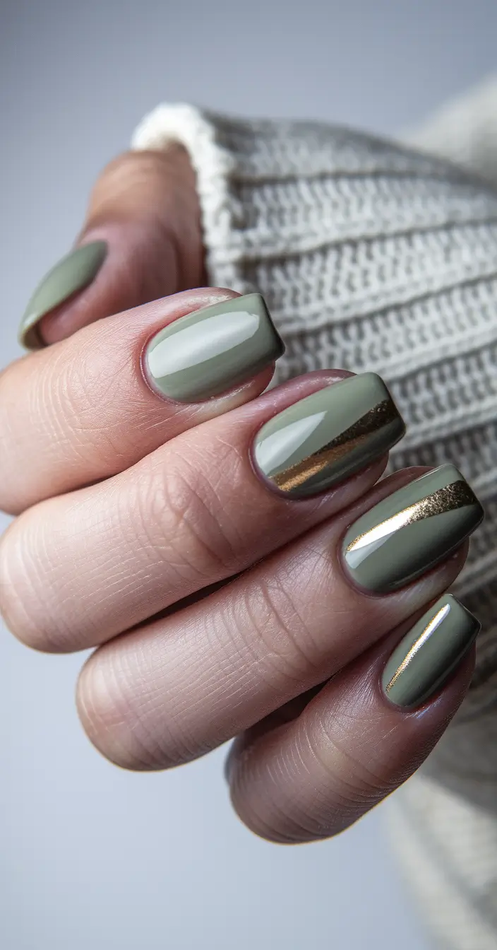 fall gel nails designs 2025 Olive Green with Golden Stripes