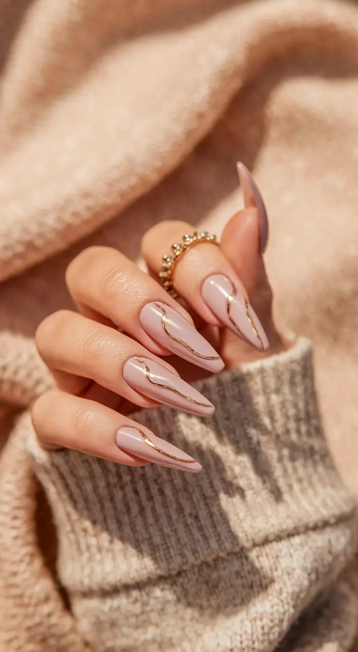 fall gel nails designs 2025 Soft Nude with Golden Waves