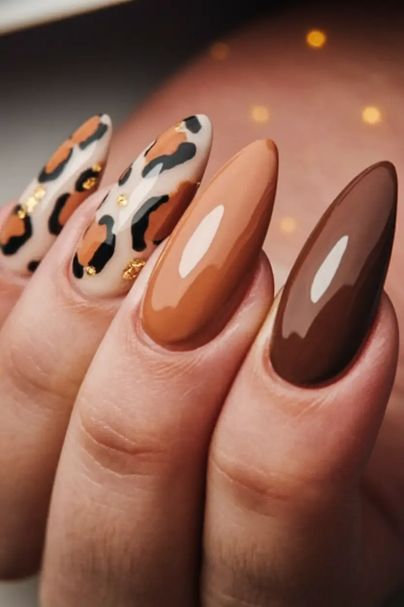 fall gel nails designs 2025 Wild Neutrals with Leopard Accents
