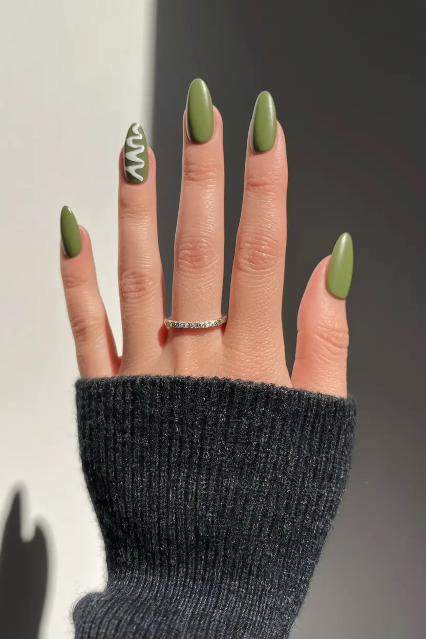 fall gel nails designs 2025 Olive Green with Playful Swirl