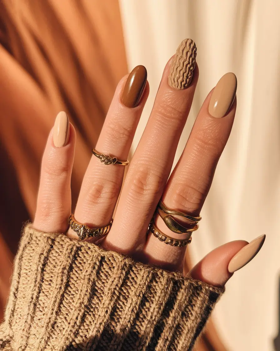 fall gel nails designs 2025 Textured Neutrals with Sweater Detail