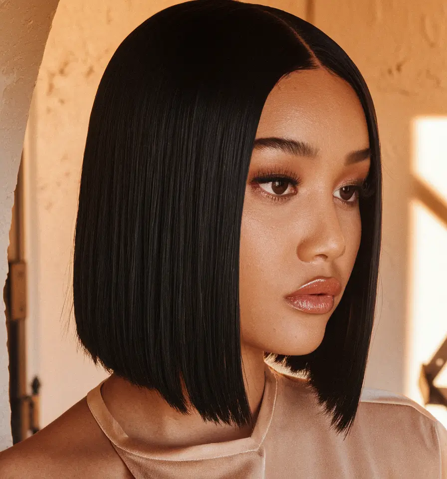 fall hair color black hair Polished Power Bob with Jet Black Shine