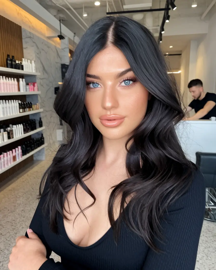 fall blonde hair color black women Glossy Espresso Waves with Face-Framing Layers