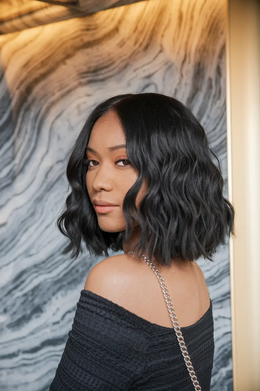 fall hair color black hair Textured Midnight Bob with a Soft Wave