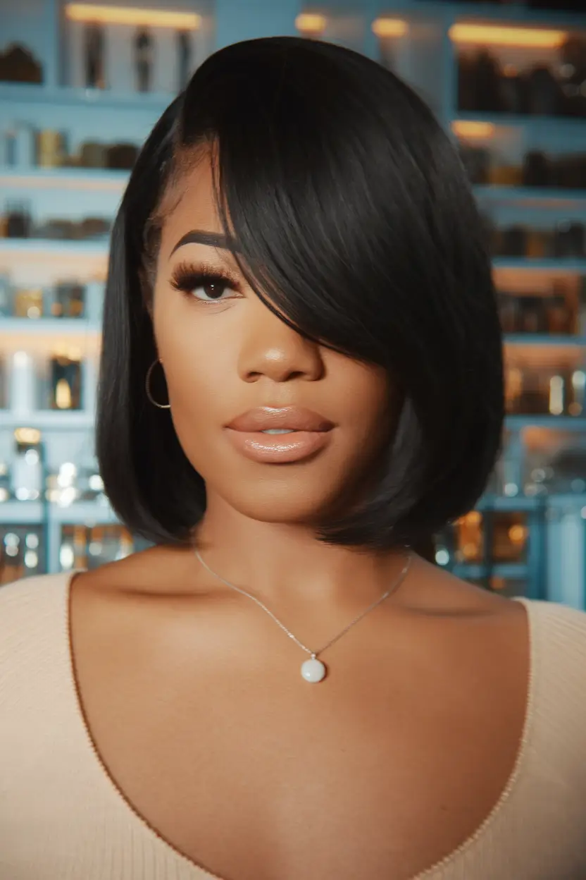 fall hairstyle black women Side-Swept Bob with Layered Volume