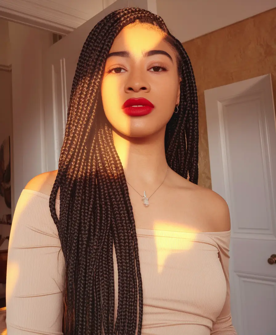 fall hairstyle black women Long Box Braids with Deep Side Part