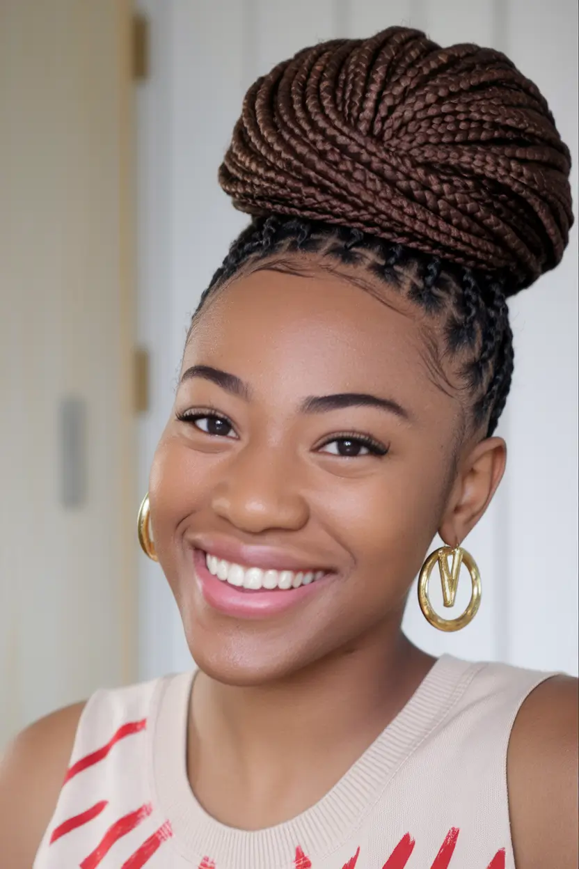 fall hairstyle black women 2025 Large Topknot Braided Bun With Color