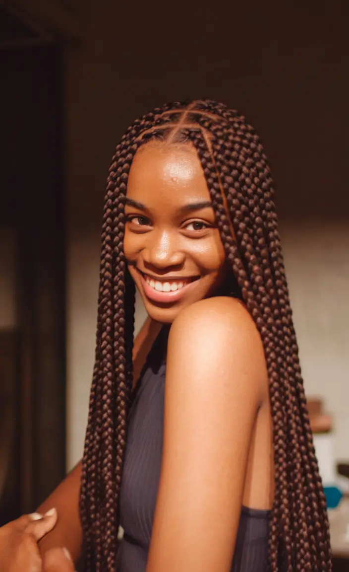 fall hairstyle black women 2025 Long, Copper-Toned Knotless Braids