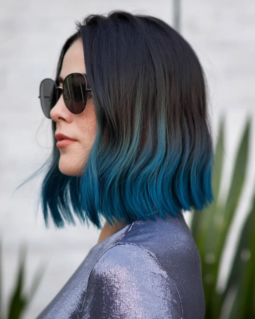 fall hairstyle for medium hair 2025 Bold Dip-Dye Blue with Blunt Ends