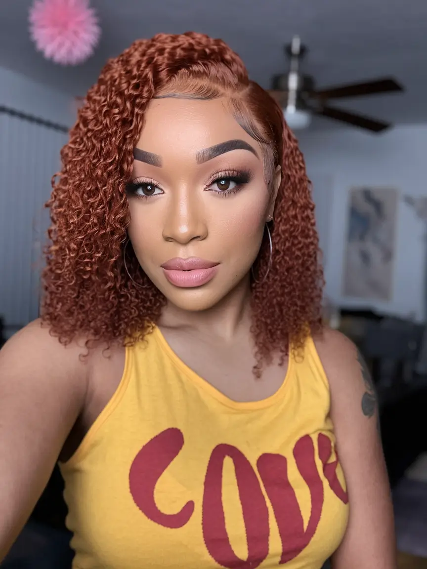 fall hairstyle for medium hair 2025 Defined Rust Curls with Deep Side Part
