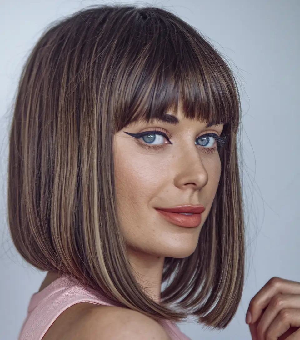 fall hairstyle for medium hair 2025 Retro Blunt Bob with Classic Fringe
