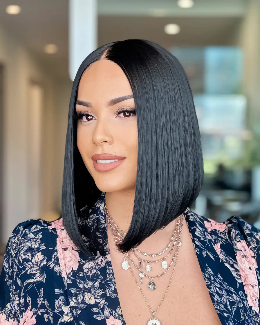 fall hairstyle for medium hair 2025 Glossy Angled Bob with Center Part