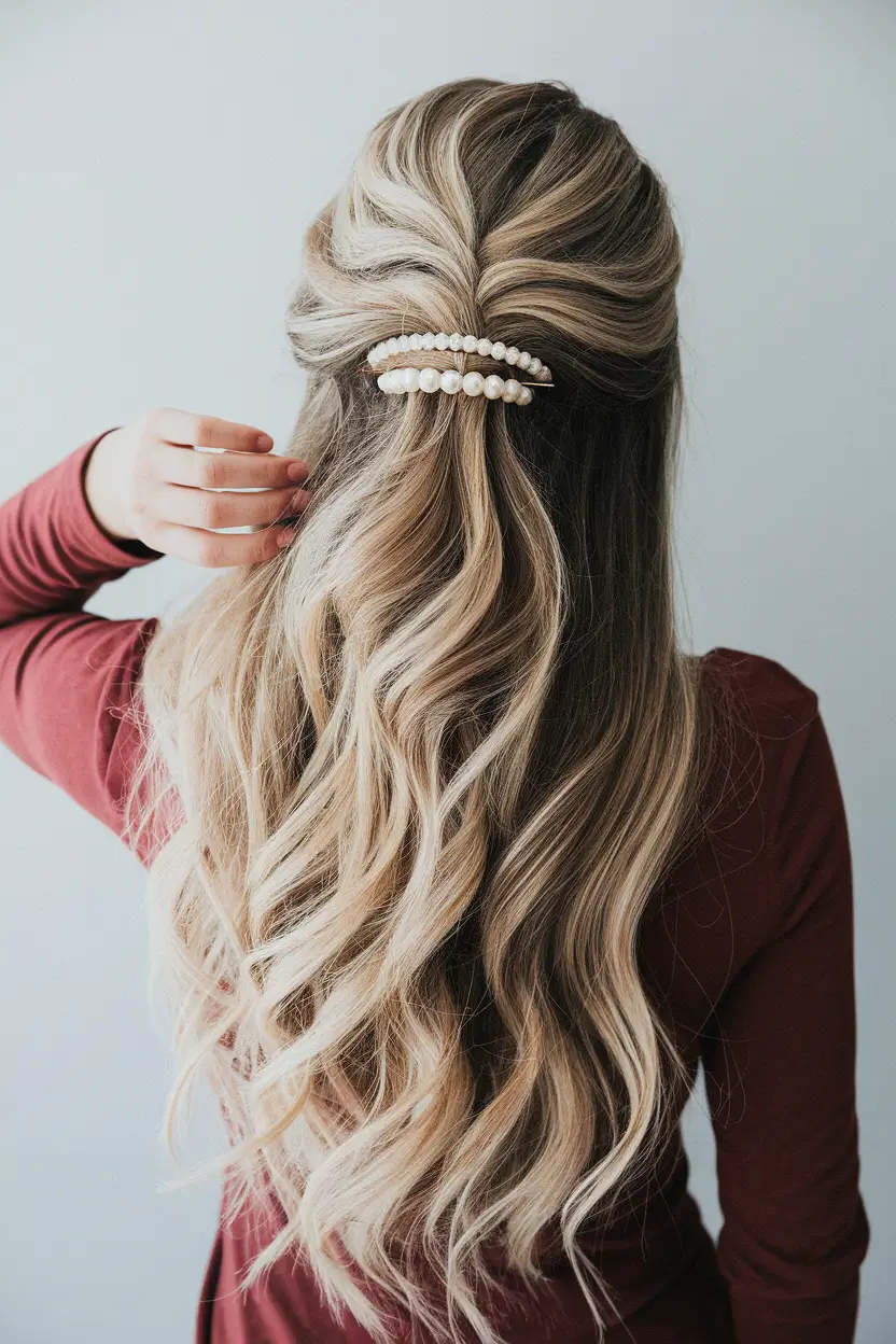 fall hairstyles and colors ideas 2025 Half-Up Waves with Pearls