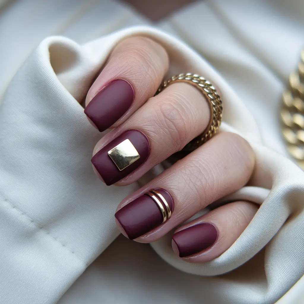 fall manicure ideas 2025 Wine Matte with Golden Touch
