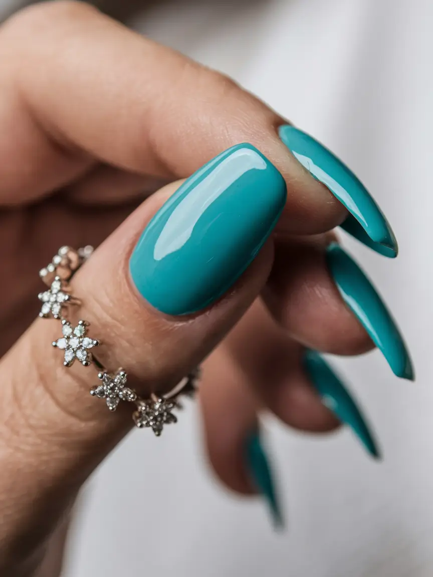 fall manicure ideas 2025 Teal Starry Gloss