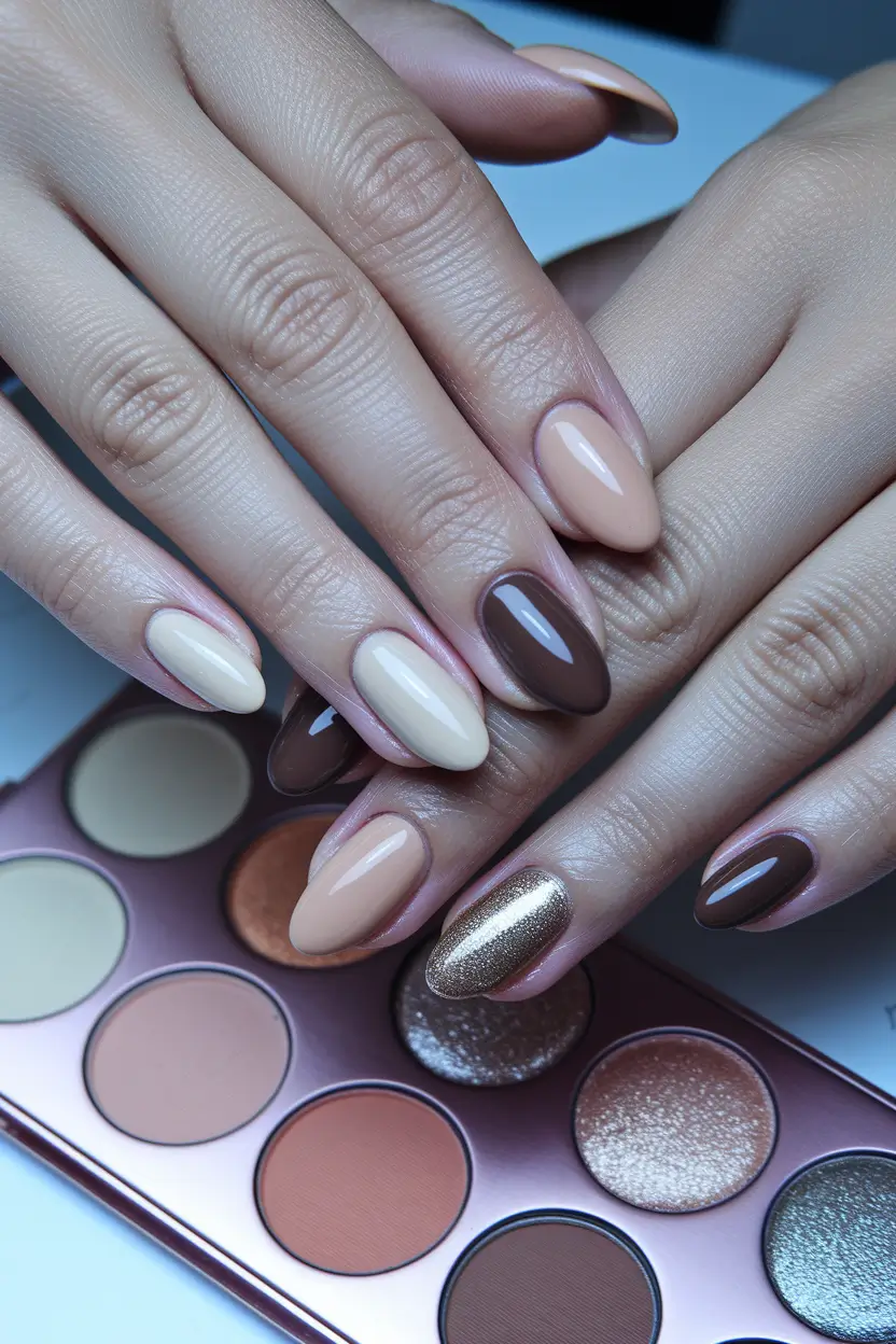 fall nail colors medium skin Warm Neutrals with a Metallic Twist