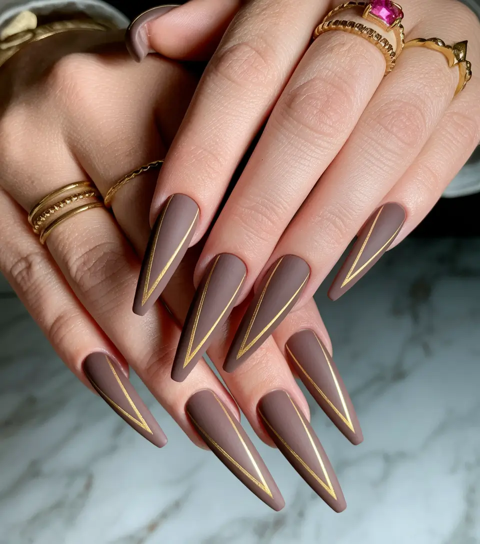 fall nail colors medium skin Matte Mocha with Gold Lines