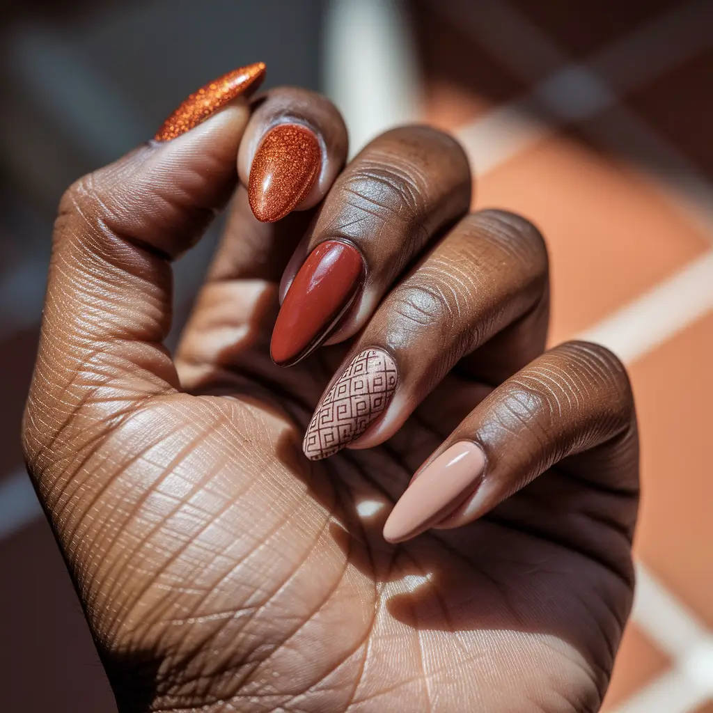 fall nail colors medium skin Terracotta and Subtle Prints