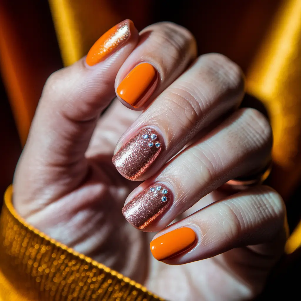 fall nail colors medium skin Bronzed Orange with Sparkle