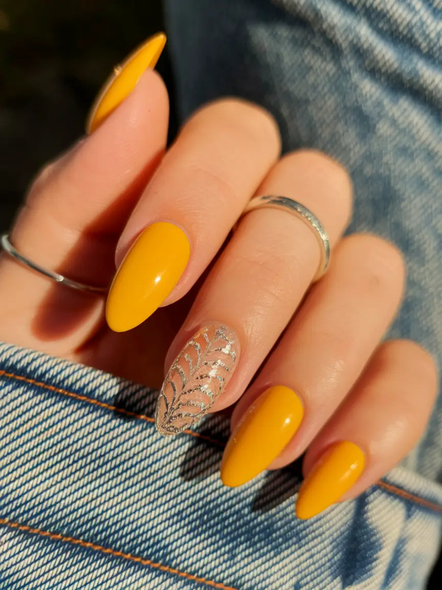 fall nail colors medium skin Golden Mustard with Silver Art