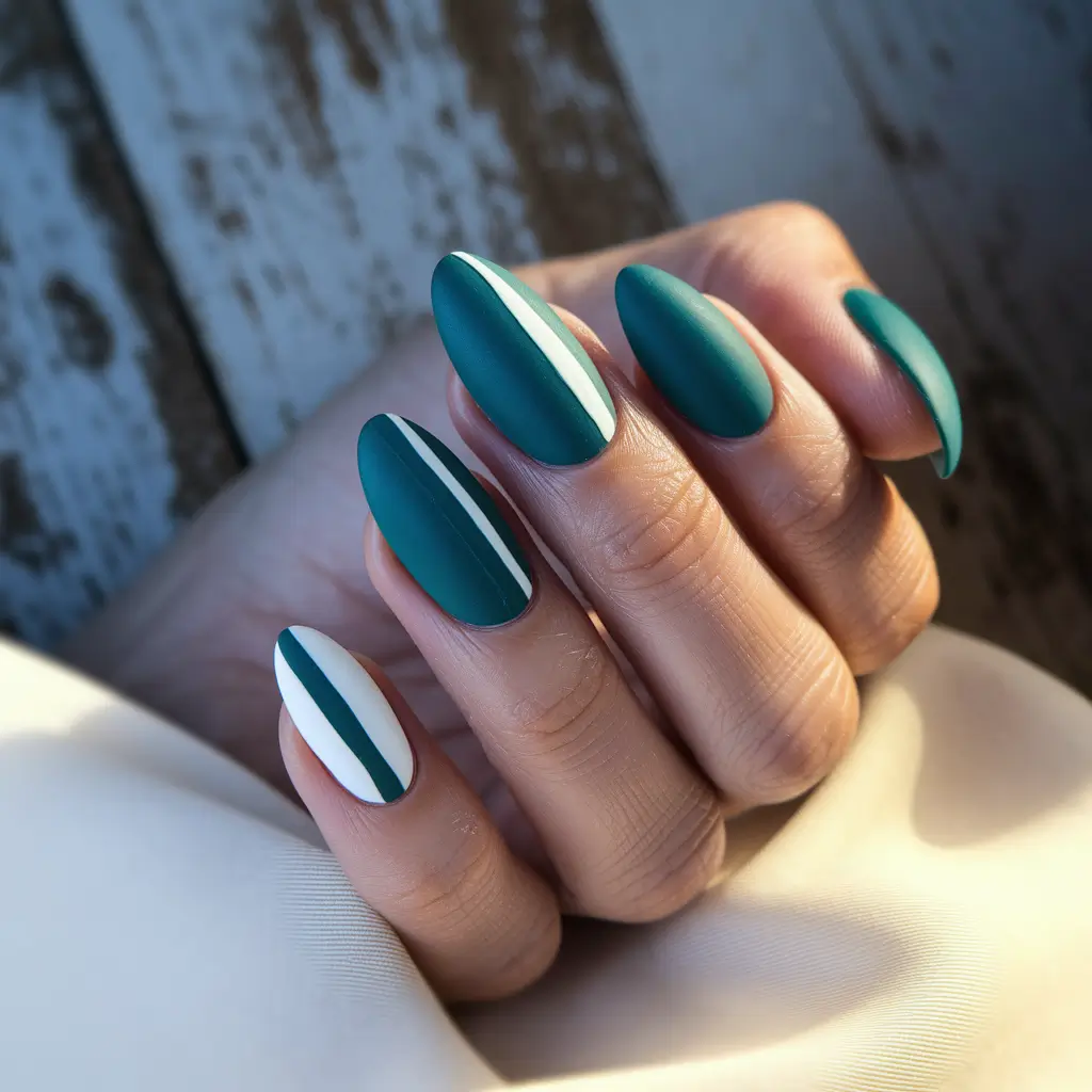 fall nails art ideas Chic Teal Stripes with Modern Minimalism