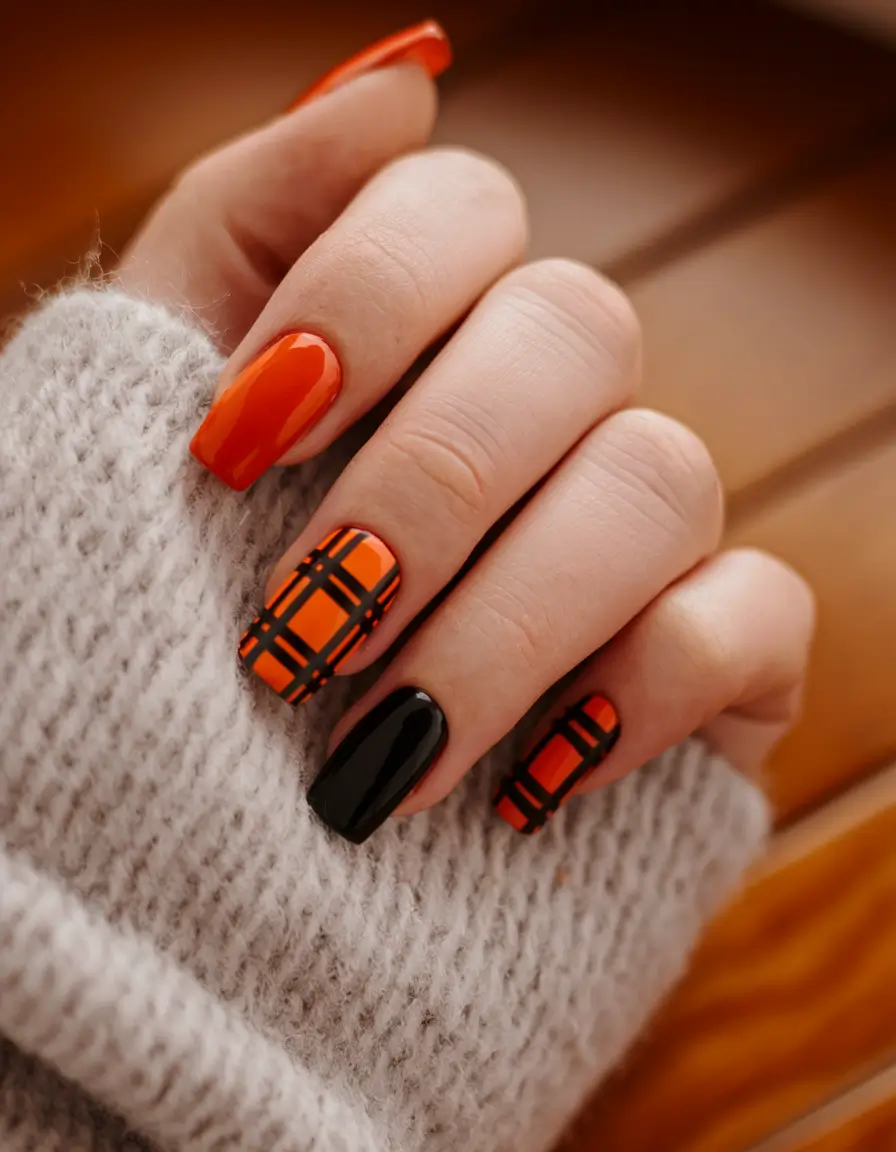 fall nails art ideas Pumpkin Plaid Statement